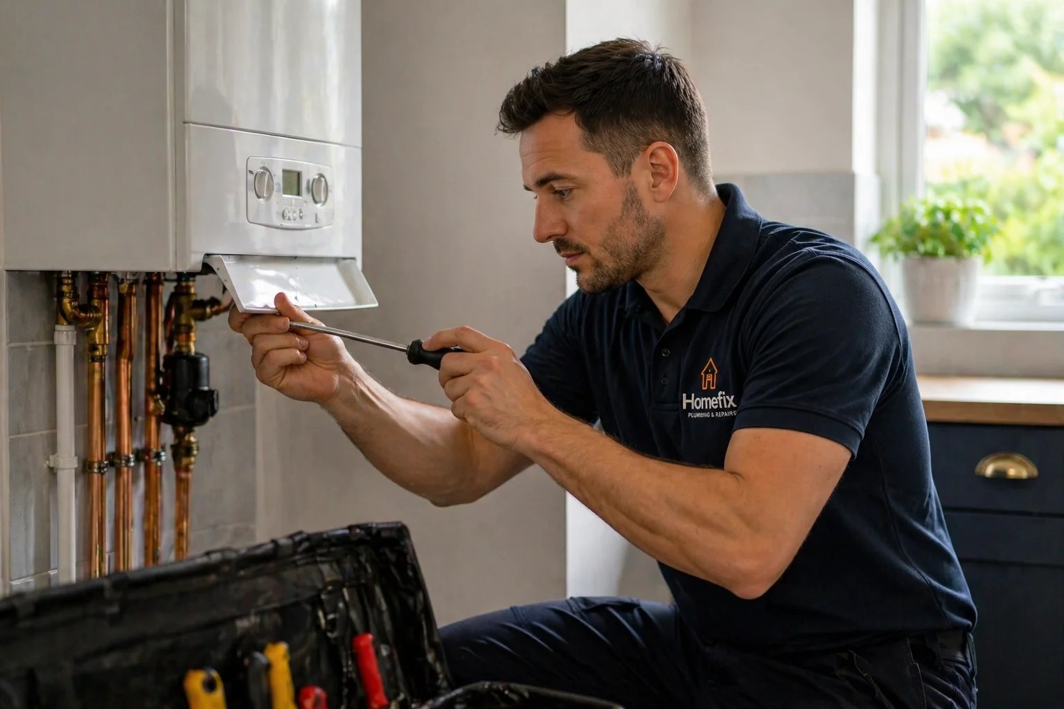 Plumber fixing a pipe under a kitchen sink